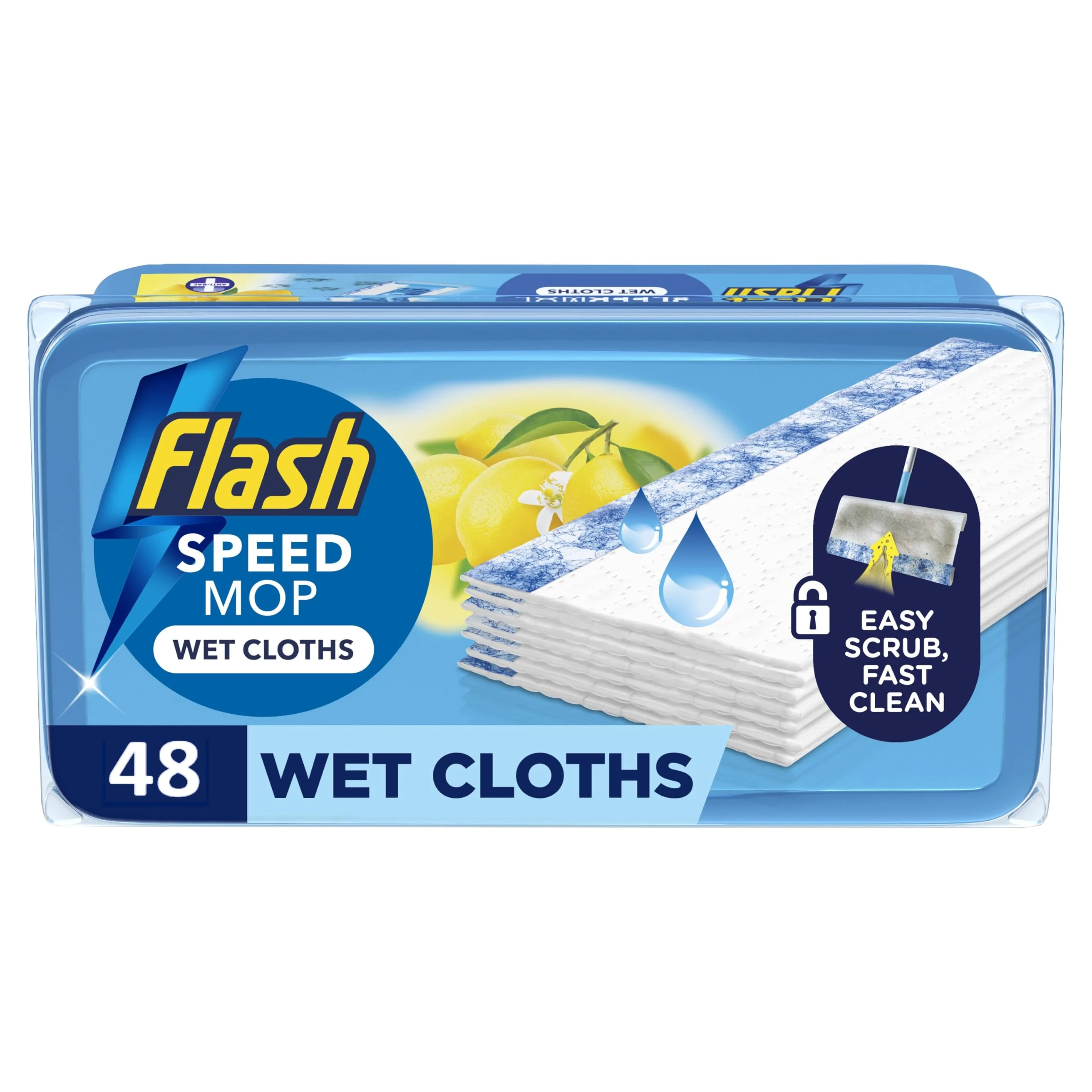 Flash Speedmop Wet Floor Cleaning Wipes, 48 Cloths (24x2), Antibac Lemon Multi-Surface, Trap & Lock Daily Dirt, Grease & Grime Without Getting Down On Your Knees