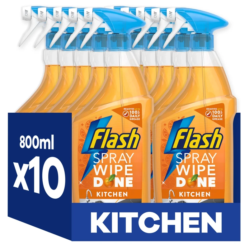 Flash Spray Wipe Done Kitchen Cleaning Sprays, Bright Mandarin, 8 Litres (800 ml x 10)