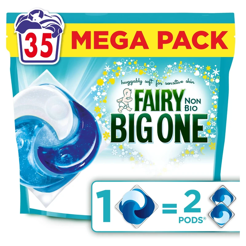 Fairy Non Bio The Big One PODS®, Washing Liquid Laundry Detergent Capasules, 35 Washes, 2X Stain Removal, Huggably Soft For Sensitive Skin