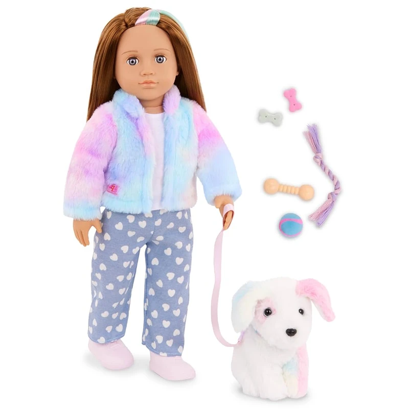 Our Generation - Skylar & Bow - 18-Inch Doll & Pet Puppy Set - Rainbow Dog Plush Stuffed Animal - Pet Care Accessories - Pretend Play - Toy for Kids 3 Years & Older