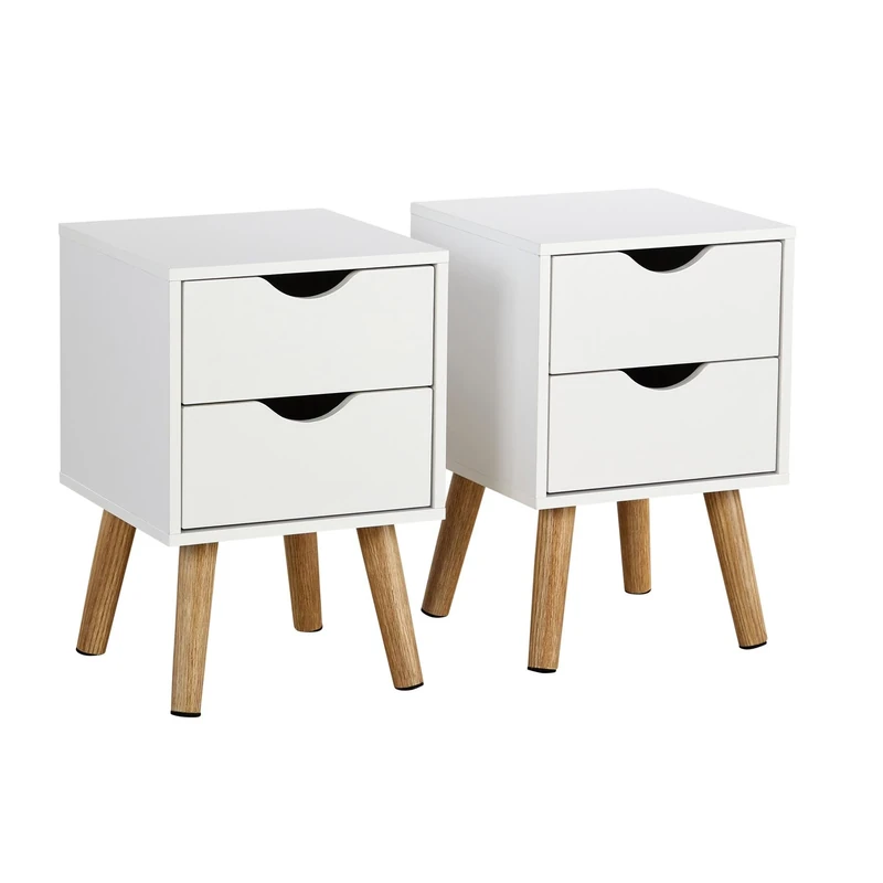 Home Source Pair Of Bedside Cabinets 2 Drawer White Side Table Solid Wood Legs Modern Style
