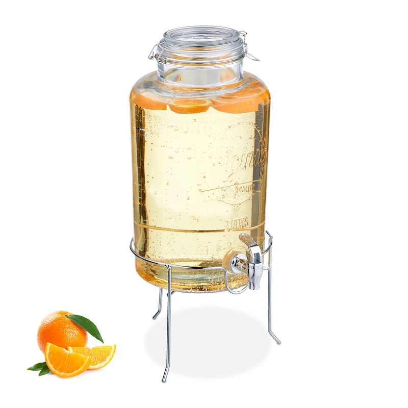 Relaxdays Drinks Dispenser with Stand, 8 litres, with Tap, Water Pitcher, Beverage Container, Clip Top, Transparent