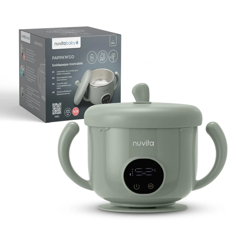 Nuvita 1980 Pappa'n'Go Portable Baby Food Warmer - Rechargeable Waterproof with Intelligent Temperature Control, Stainless Steel Interior and Non-Slip Base - Ideal for Travel
