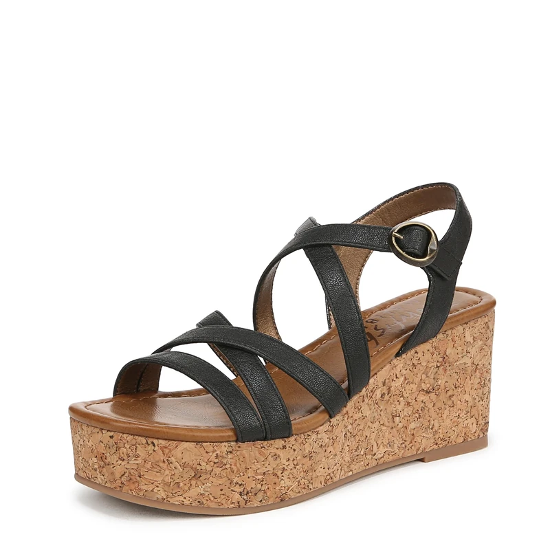 Blowfish Malibu Women's Aurora Wedge Sandal, Black Faux Leather, Medium Fit, UK 3