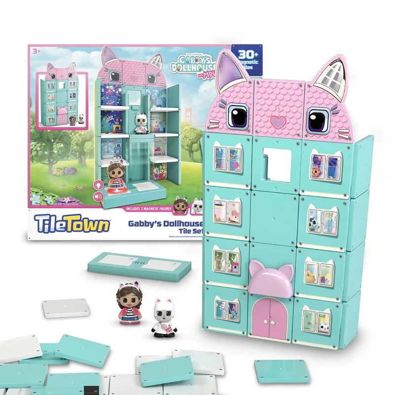 Tile Town Gabby's Dollhouse Tile Set with Gabby and Pandy Paws Figures, Magnetic Building Set, Interactive Toy, Safe and Creative Magnet Tiles, Buildable Tile Sets for Kids 3+
