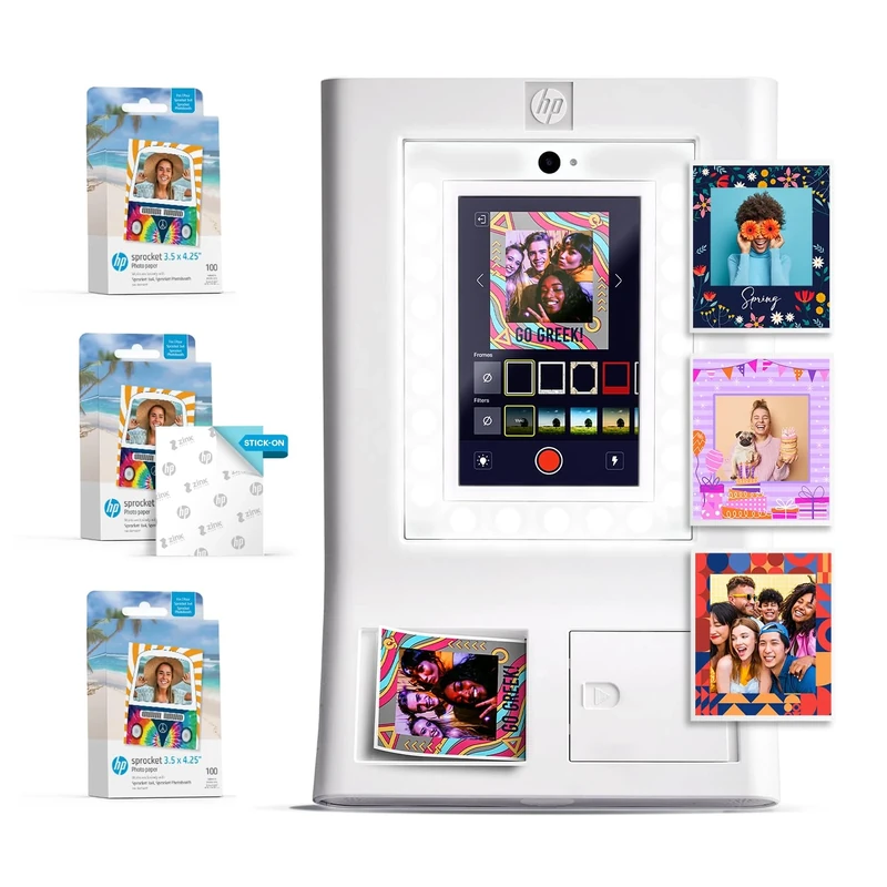 HP Sprocket Photo Booth Machine Instant Color Photo Printer (White) Paper Bundle + Zink 3.5 x 4.25” Zink Sticky-Backed Photo Paper (300 Sheets)