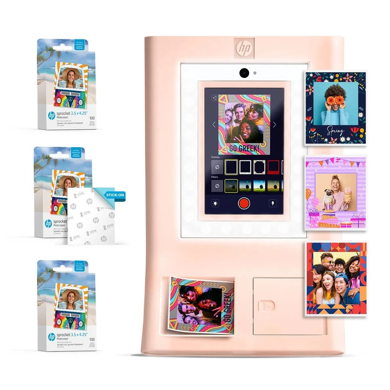 HP Sprocket Photo Booth Machine Instant Color Photo Printer (Pink) Paper Bundle + Zink 3.5 x 4.25” Zink Sticky-Backed Photo Paper (300 Sheets)
