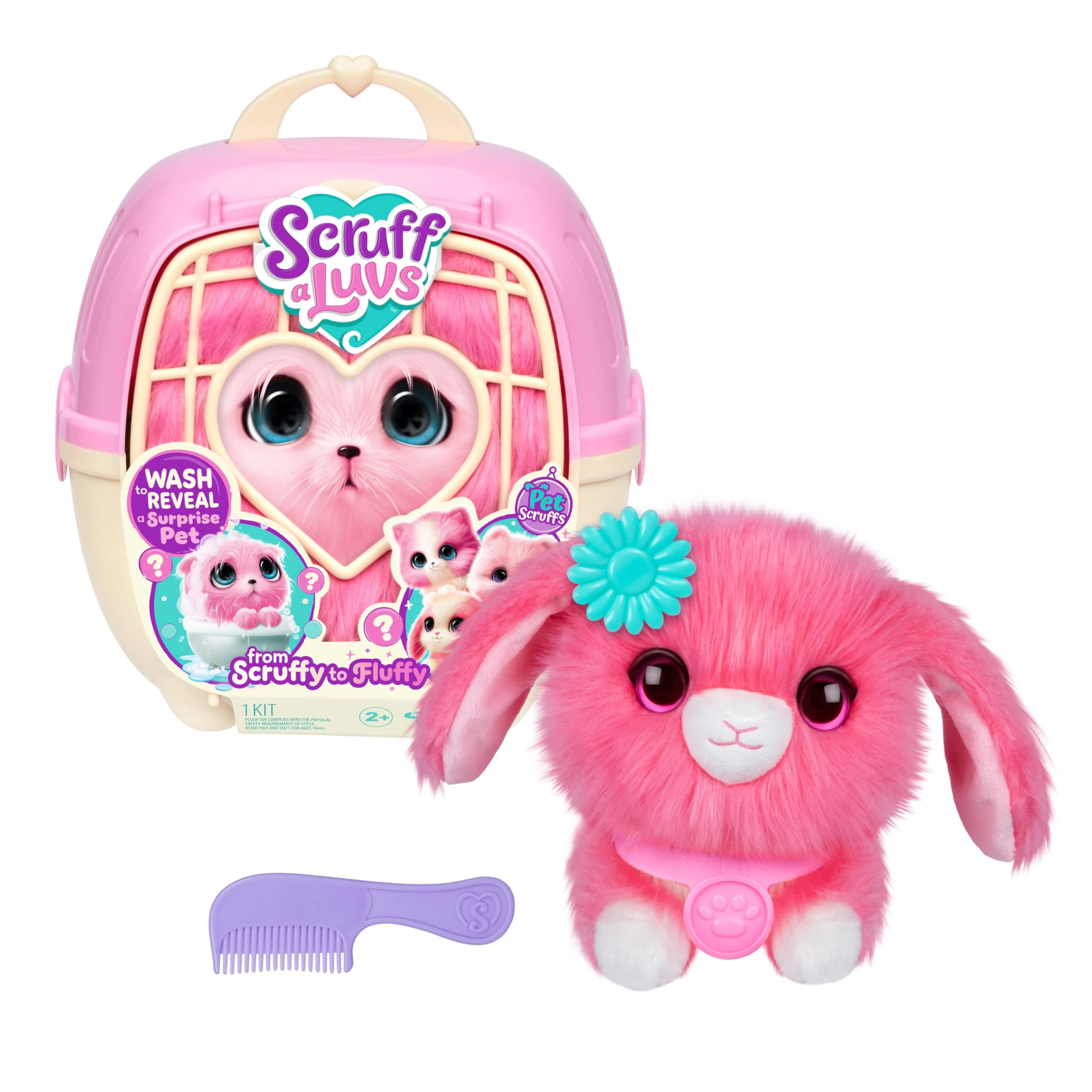 ScruffaLuvs Pet Scruffs Pink - Mystery Plush Toy, 7.5" Tall - Wash to Reveal 1 of 3 Rescue Pets: Puppy, Bunny, or Kitty - Includes 8.7" Deluxe Pet Carrier