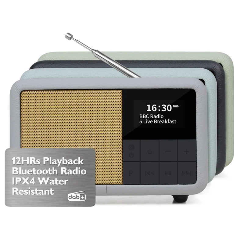 LEMEGA Class Compact DAB+ Radio Alarm Clock – Mains & Battery Portable DAB+ Radio,Dockable Digital Clock Radio with Bluetooth,Headphone Jack,IPX4 Waterproof,12 hr Battery,40 Presets,EQ Modes,Grey