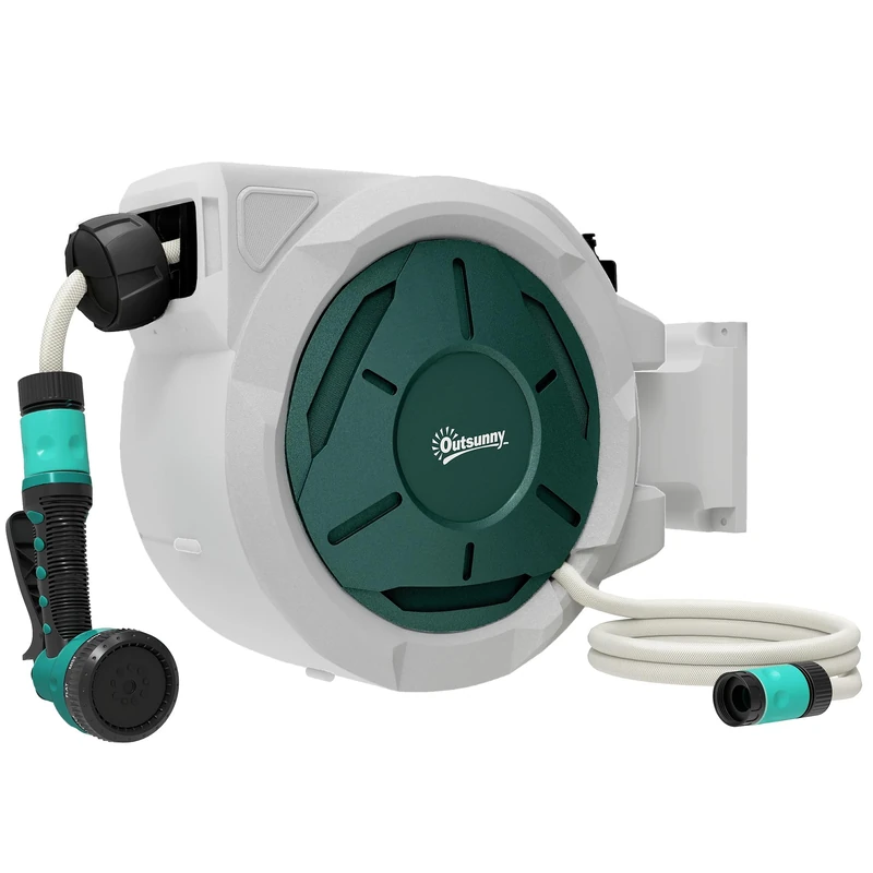 Outsunny Retractable Hose Reel Wall Mounted, 30+2m Garden Hose Pipe Reel with Lock, Auto Rewind, 7 in 1 Spray Nozzle, Includes Wall Fixings, 180° Swivel, Outdoor Watering, 59 x 23 x 42 cm, Grey