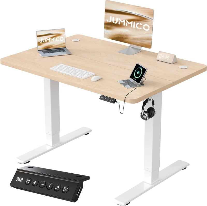 JUMMICO 100x60cm Electric Standing Desk with USB Charging Height Adjustable Desk with Sedentary Reminder Stand Up Desk with Splice Board for Home Office,Beige