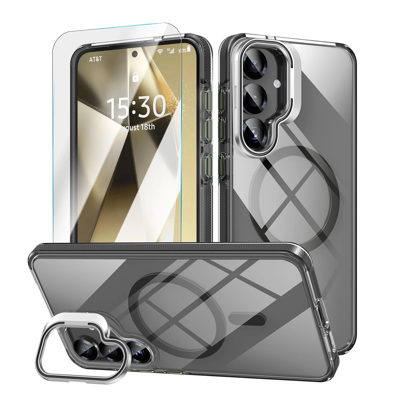 MATEPROX Compatible with Samsung Galaxy S25 Case with Stand, Magnetic Clear Crystal Shockproof Bumper Cover with Screen Protector for S25-Black