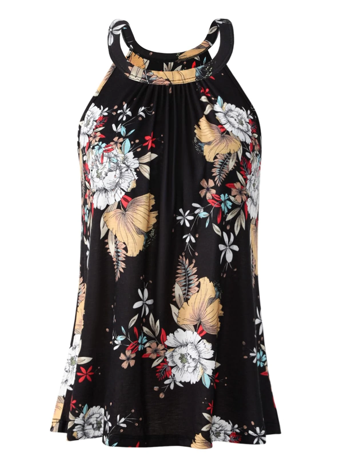 Vislivin Womens Tank Tops with Built in Bra Halter Neck Vest Tops Loose Fitting Camisole S-XXXL Black Flower-S