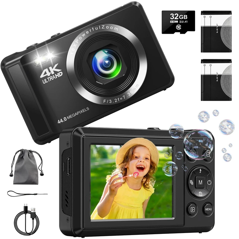 Digital Camera - 4K 64MP Compact with 16X Zoom, Auto-Focus & SD Card