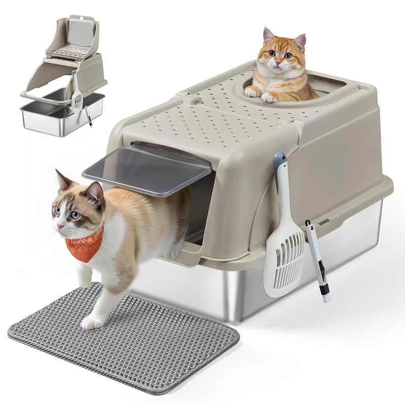 Feandrea Stainless Steel Cat Litter Box with Flip Lid, XL Enclosed Litter Box with Leak-Proof Design, Scoop, Brush, Dual Entry, for Cats up to 15 kg, Cappuccino Beige PPT005K01