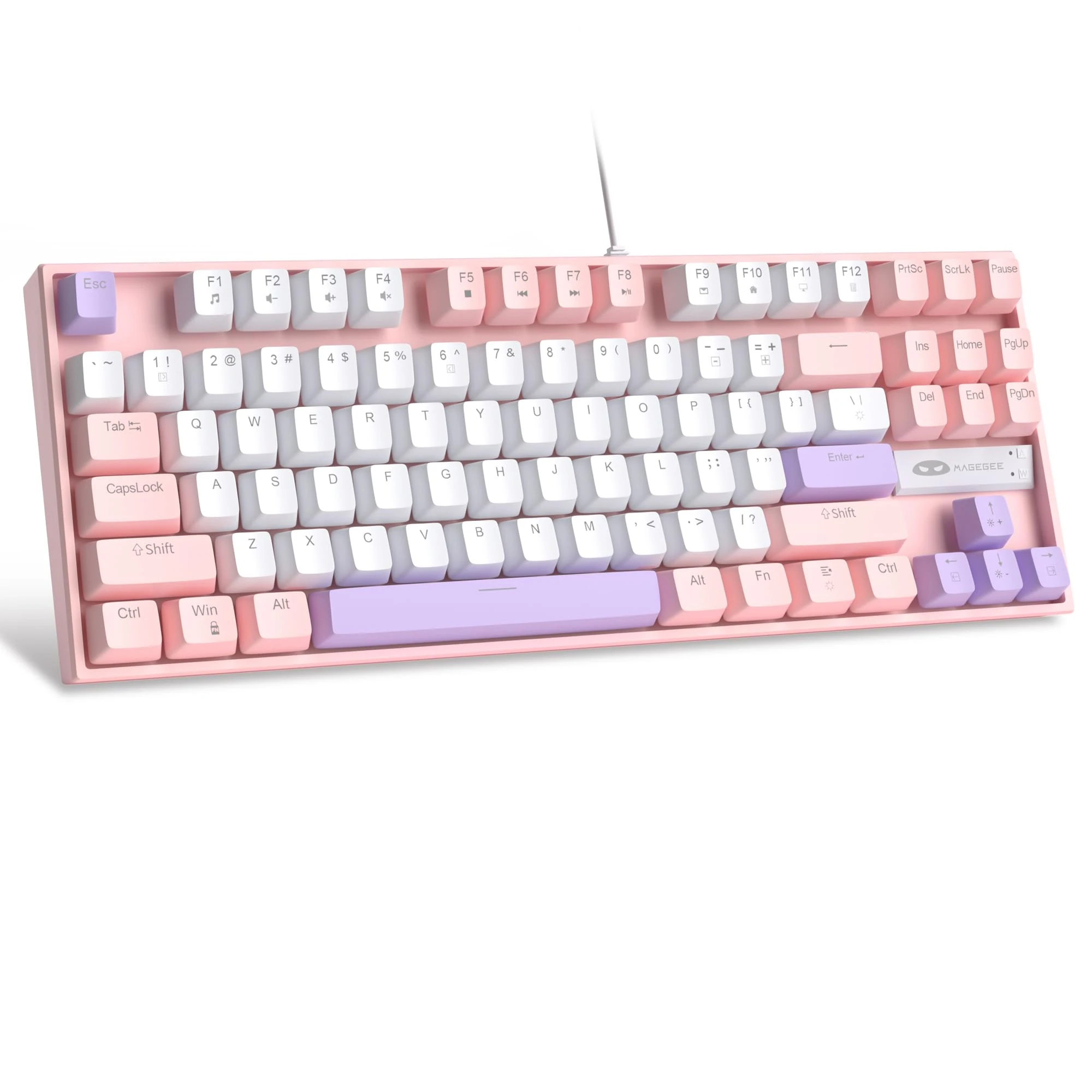 MageGee 75% Mechanical Gaming Keyboard with Red Switch, LED Blue Backlit, 87 Keys TKL Wired for Windows PC Gamer - White/Pink