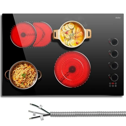 Hobsir 30 Inch Electric Cooktop, Knob Control Built-in Electric Stove with 4 Burners, 30 in Electric Stove Top Burner, Cooktop with Glass Protection Metal Frame, 220-240v 6700W, Hard Wired(No Plug)