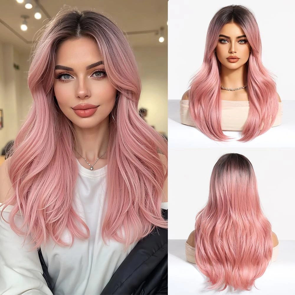 Esmee Long Straight Pale Pink Wig for Women with Curtain Bangs Natural Synthetic Hair Ombre Wigs for Daily Party Use