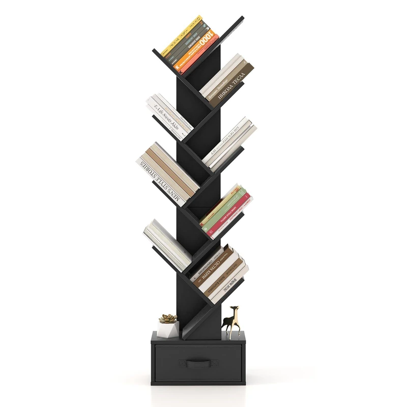 FANTASK Bookcase with Drawer, 8-Tier Standing Shelf, Tree Shape Shelf, CD DVD Shelf for Bedroom, Living Room and Home Office, 38 x 21.5 x 149.5 cm (Black) - Image 1