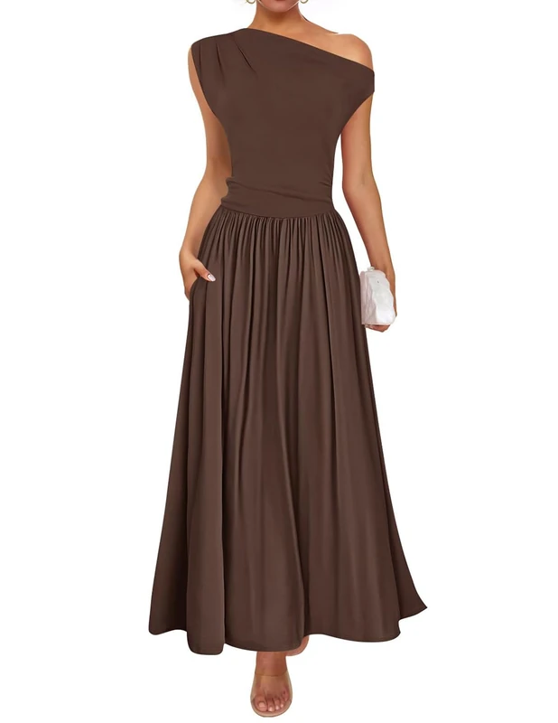 ZESICA Women's Summer 2025 Sleeveless Maxi Dress One Shoulder Casual Slim Swing Pleated Formal Dresses with Pockets, Brown, L