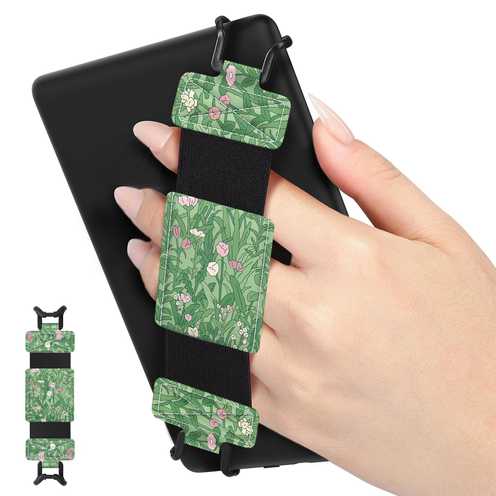 MoKo Soft Hand Strap for 6-8" Kindle eReaders Fire Tablet Kindle/Kobo/Voyaga/Lenovo/Sony Kindle E-Book Tablet, Black High-Elasticity Versatile Hand Strap Lightweight Finger Grip Holder, Green Flower