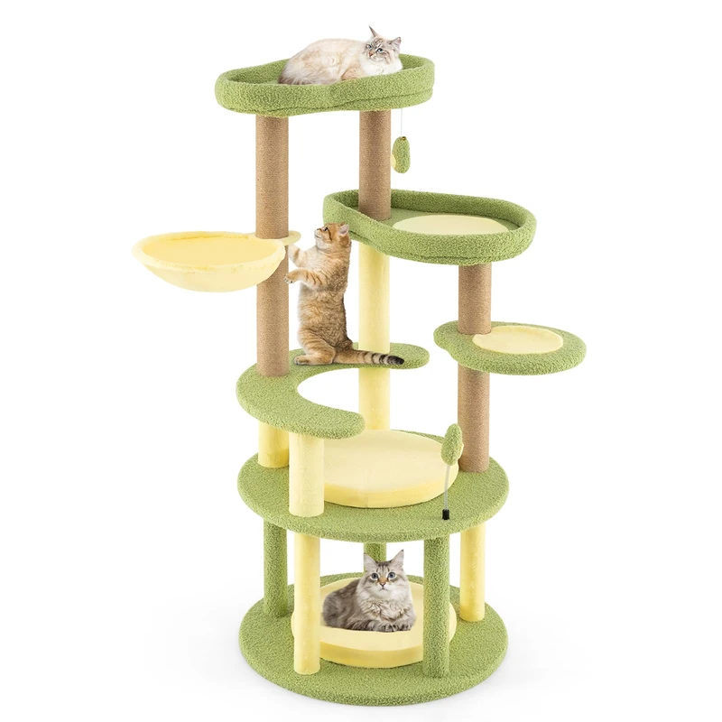 GYMAX Cat Tree, Modern Cat Tower with Scratching Posts, Rotatable Basket, Removable Soft Cushions, Dangling Ball, Multi-level Cat Tree for Indoor Cats Kittens
