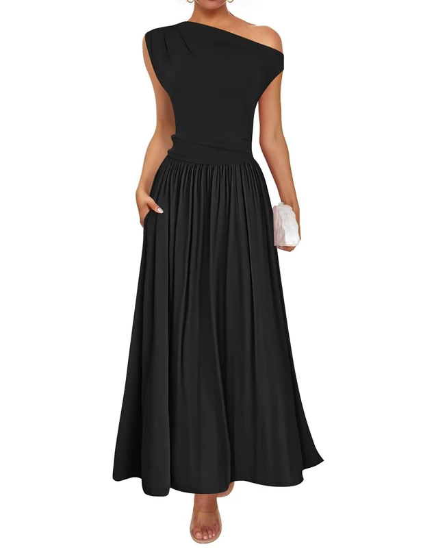 ZESICA Women's Summer 2025 Sleeveless Maxi Dress One Shoulder Casual Slim Swing Pleated Formal Dresses with Pockets, Black, S