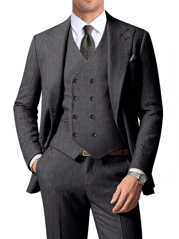 ZKHOECR Men's Suits Herringbone Tweed Suits for Men Retro 3 Piece Peak Lapel Blazer Wedding Prom Suit Jacket Vest Pants Set, Dark Grey, L - Image 1
