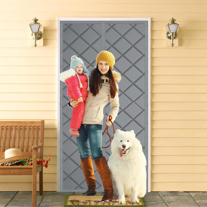 AXFZZRS Magnetic Thermal Insulated Door Curtain, Grey Thermal Door Curtain for Winter, Windproof Soundproofing Front Door Curtain, for Heater Room, Living Room, Easy to Insulated, 250x240cm