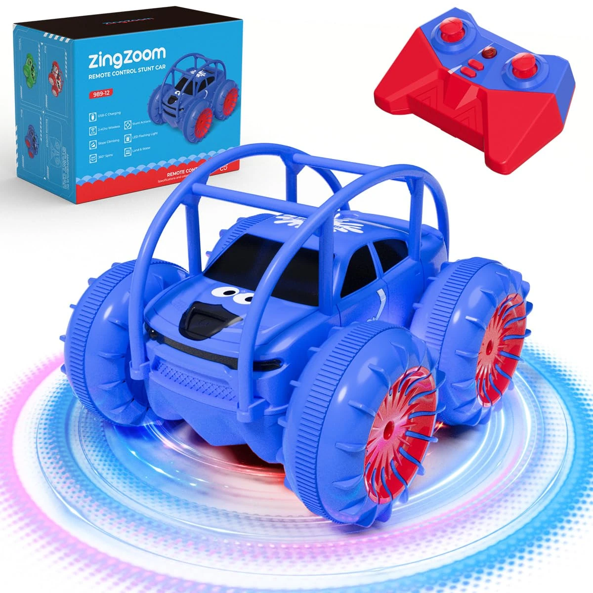 zingzoom Direct Charging Remote Control Cars, 2.4Ghz Amphibious 360° Flip Rc Stunt Car, All Terrain 4WD Child's Toy Vehicle with LED Light, Car Games Age 3-12 Boys Girls Kids Birthday Gifts Presents