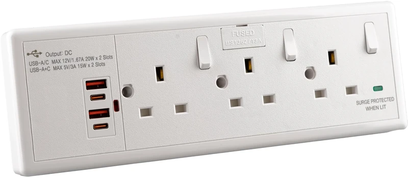 WK Electrical - 3 gang socket Converter Socket 1G/2G To 3-Gang 13A with USB A+C (40W PD3.0)