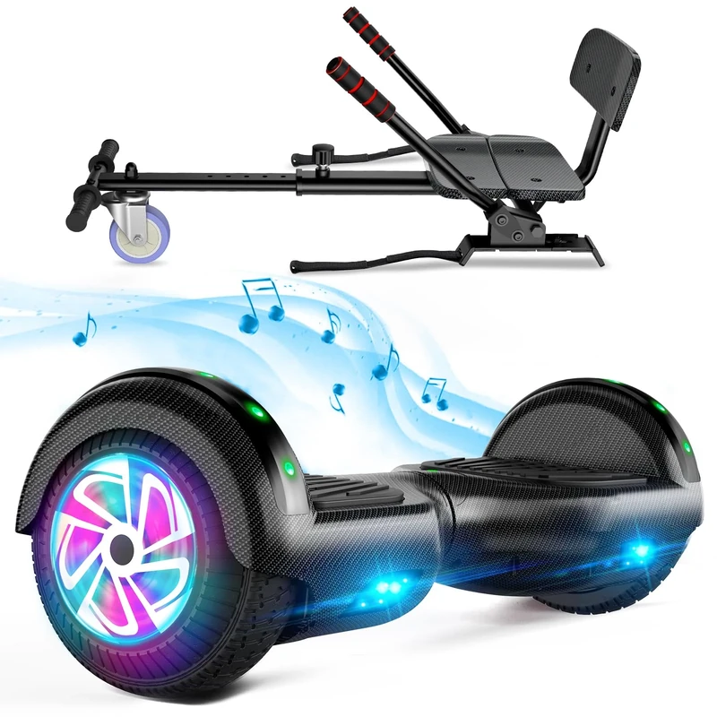SISIGAD Hoverboard Go Kart with Hoverkart for Kids, 6.5 Inch Two-Wheel Self Balancing Hoverboard with Bluetooth Speaker & LED Lights, Black, Gift for Children