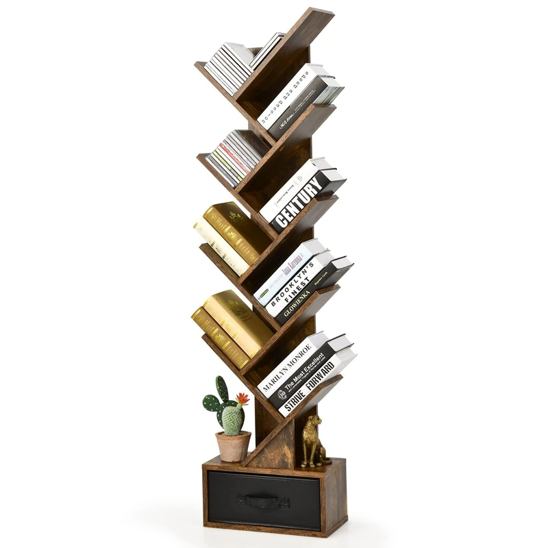 FANTASK Bookcase with Drawer, 8-Tier Standing Shelf, Tree Shape Shelf, CD DVD Shelf for Bedroom, Living Room and Home Office, 38 x 21.5 x 149.5 cm (Rustic Brown) - Image 1