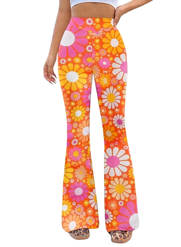 EVELUST 70s Flare Pants for Women - Fancy Dress Costume Adult Rave Festival Outfits Wide Leg Leggings High Waist Hippie Bell Bottom Disco Costume Yoga Trousers(DaisyOrange,S,10502w)