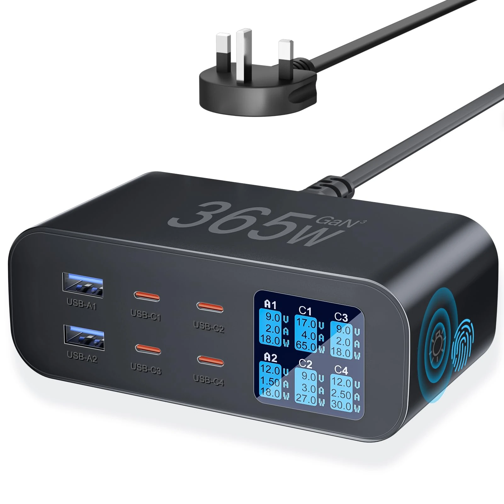 YSYFAD 365W USB C Charger 6-Port with LED Display Adjustable Brightness, USB Charging Station GaN Multiport Fast Charger PD 100w 65W QC 3.0 Support PPS Compatible with MacBook iPhone Samsung, Black