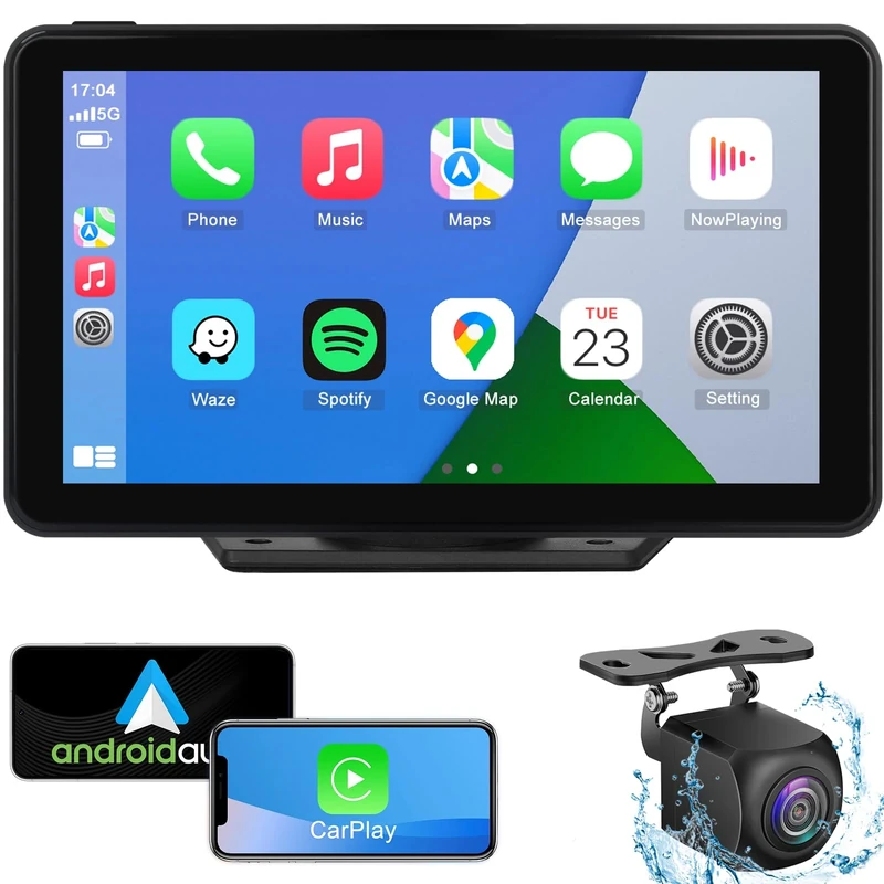 Aonerex Wireless Apple CarPlay Android Auto Screen for Car, HD Touch Screen Sat Nav Car Stereo Portable Car Play Mirror Link Music Video Player Siri/AirPlay/AUX/FM/Radio (7-inch + Back Camera)