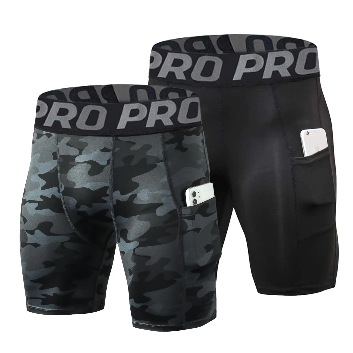 LNFINTDO 2 Pack Mens Compression Shorts with Phone Pocket Gym Running Sports Underwear Base Layer Shorts Quick-Drying Workout Cycling Rugby Shorts