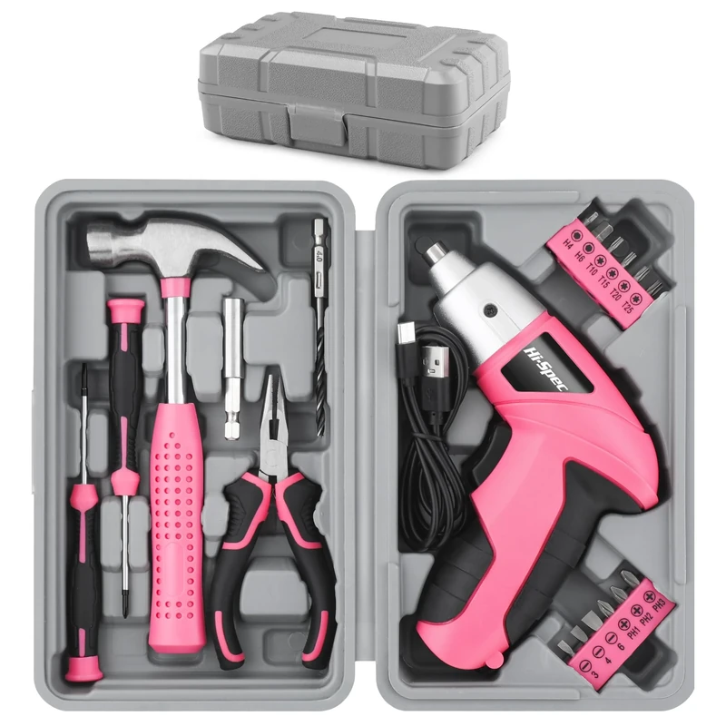 Hi-Spec 19pc 3.6V Pink USB Small Power Screwdriver & Home DIY Tool Kit Set. Cordless & Rechargeable Electric Screwdriver and Compact Hand Tool Box Set