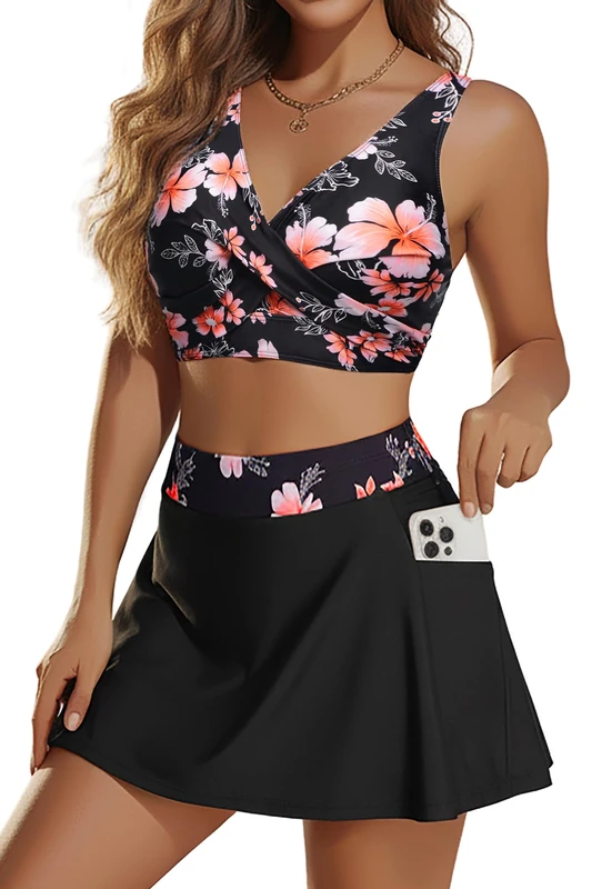 Aqua Eve Two Piece Bikini Skirt Swimsuit - 2 Piece Bathing Suits for Women High Waisted with Pockets 2024 Swimwear, Black Flower, XL