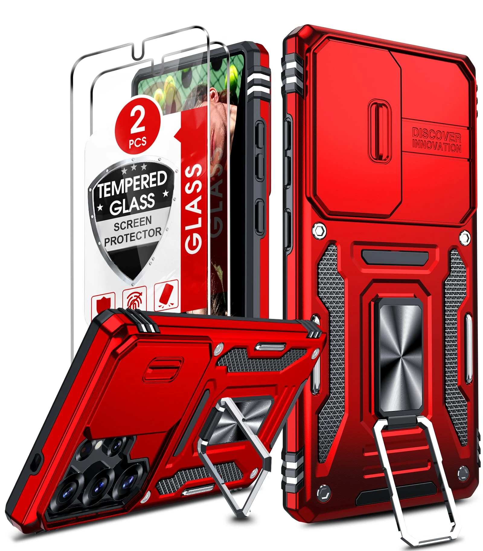 LeYi for Samsung Galaxy S25 Ultra Phone Case, with Camera Lens Cover Slider, Ring Stand Holder Military Grade Protective Shockproof Armour Cover for Samsung S25Ultra, Red