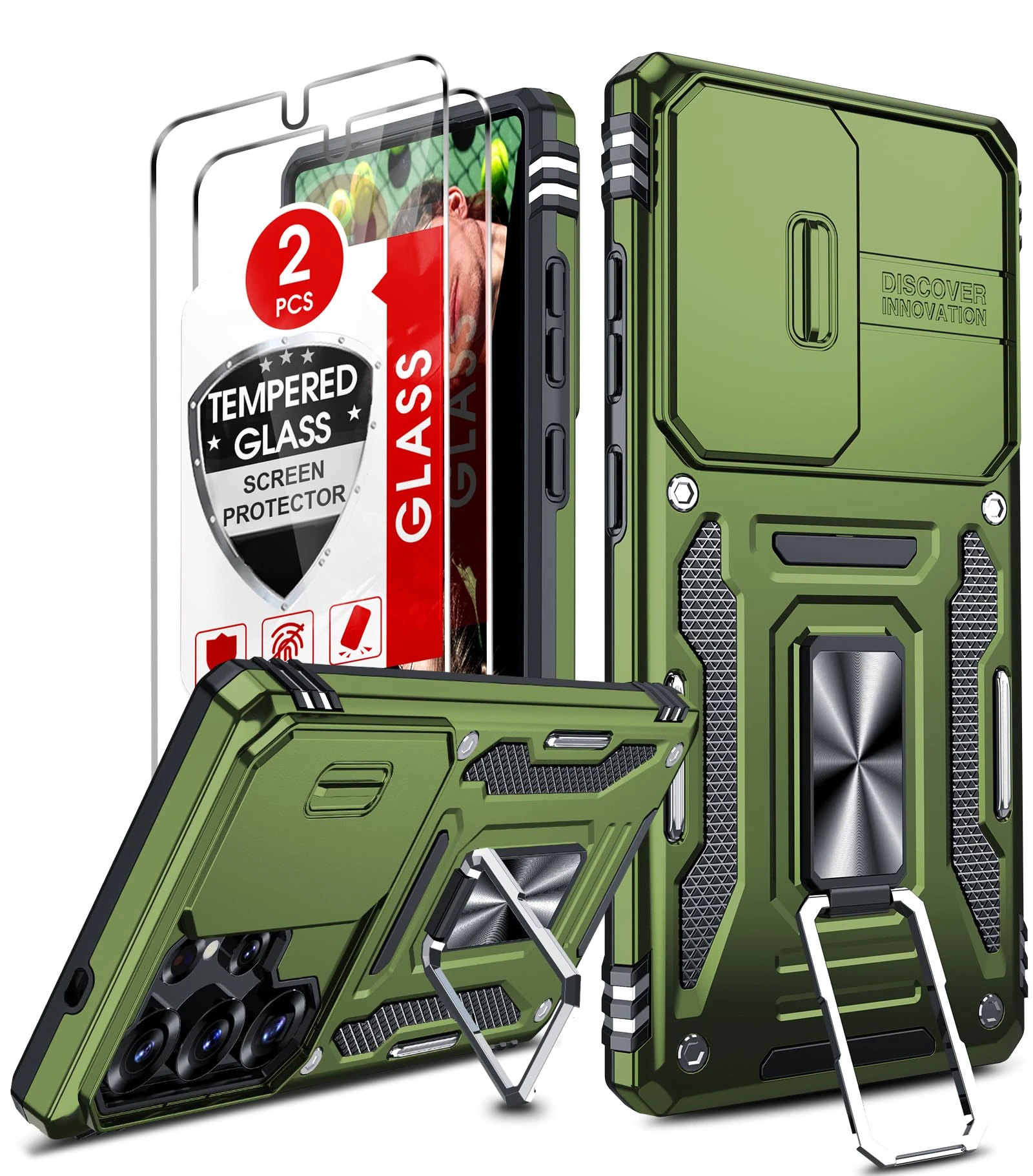 LeYi for Samsung Galaxy S25 Ultra Phone Case, with Camera Lens Cover Slider, Ring Stand Holder Military Grade Protective Shockproof Armour Cover for Samsung S25Ultra, Green