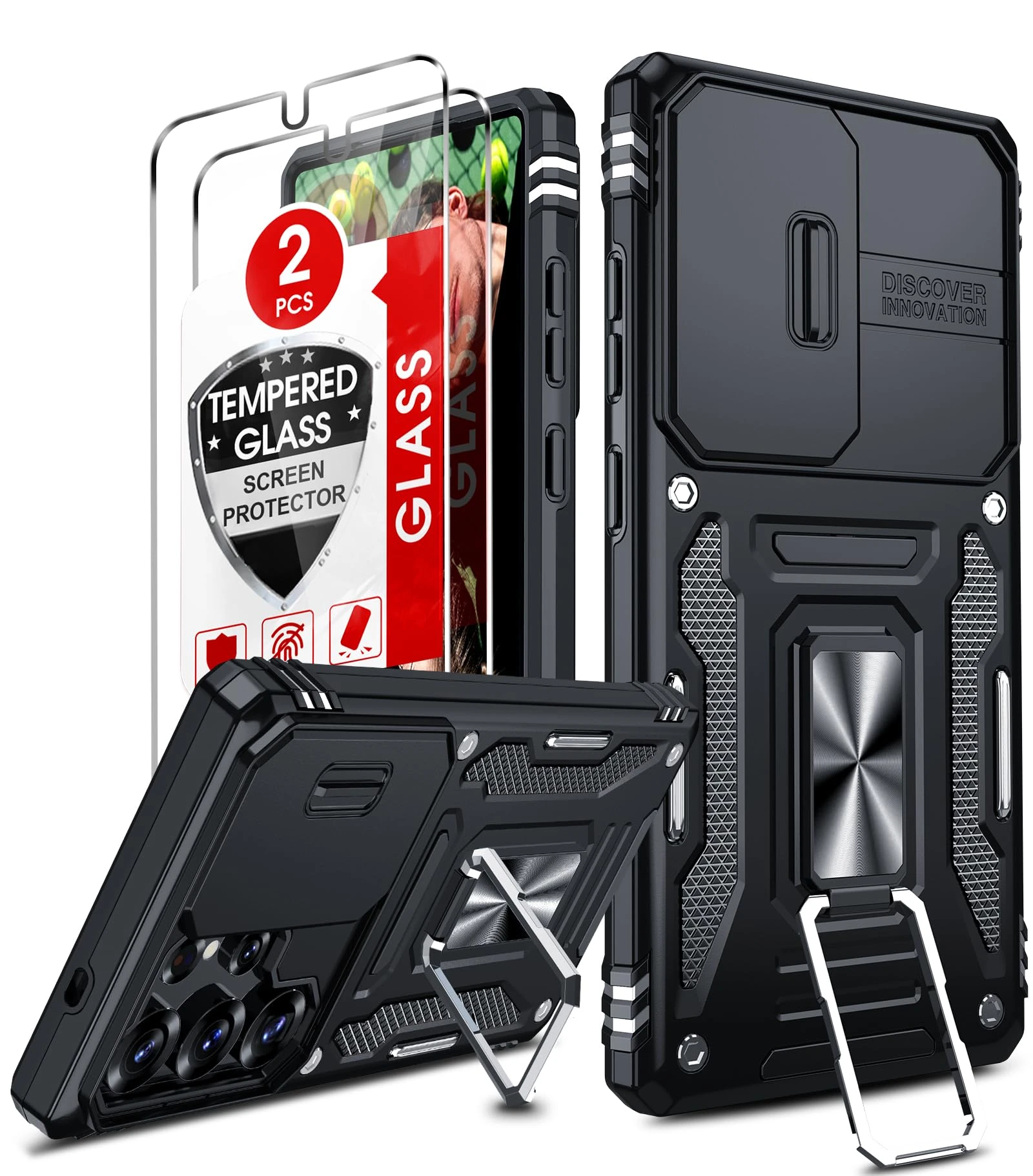 LeYi for Samsung Galaxy S25 Ultra Phone Case, with Camera Lens Cover Slider, Ring Stand Holder Military Grade Protective Shockproof Armour Cover for Samsung S25Ultra, Black