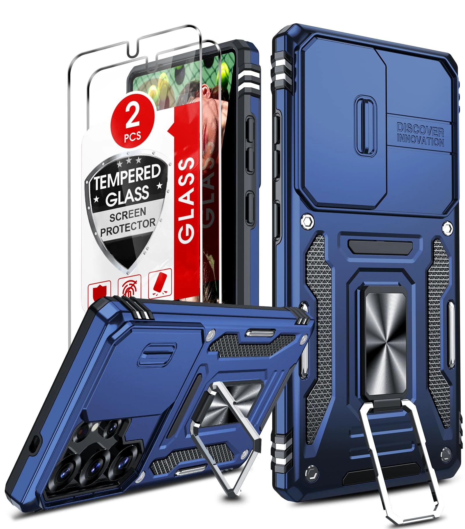 LeYi for Samsung Galaxy S25 Ultra Phone Case, with Camera Lens Cover Slider, Ring Stand Holder Military Grade Protective Shockproof Armour Cover for S25Ultra, Navy Blue