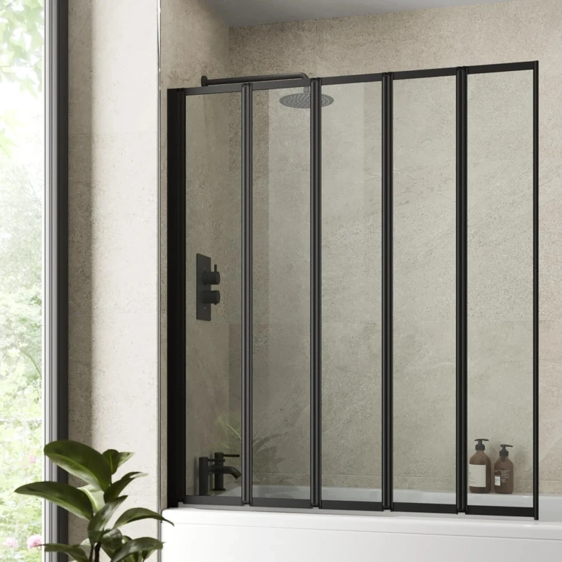Luxura® 5 Panel 1200 x 1400mm Black Over Bath Shower Screen Folding Hinged Door Glass Panels & Screens for Baths, 4mm Toughened Safety Glass, 180° Pivot Swing, Reversible