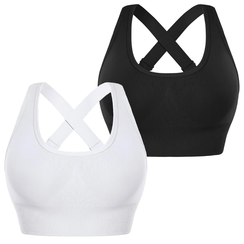 Leversic Sports Bra Adjustable Straps Women Workout Bra Padding Bras Mid Impact Gym Bras for Yoga Fitness Running(Black+White,S)