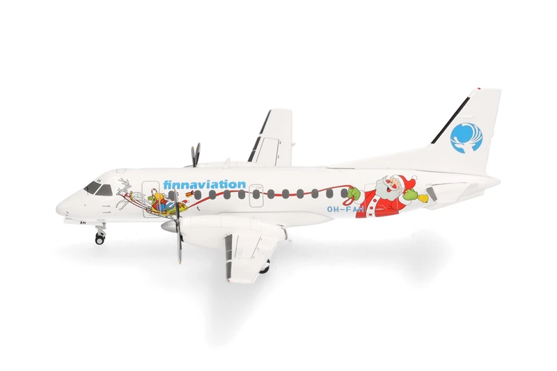 Herpa Model Airplane Finnaviation Saab 340 "Santa," Miniature in 1:200 Scale, Collectible, Model Without Stand, Metal