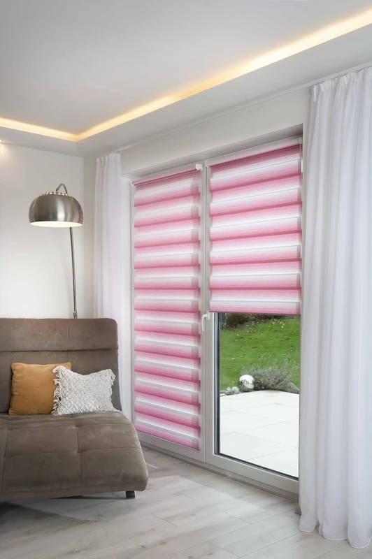 K-home® Madrid Klemmfix Double Roller Blind, No Drilling Required, Colour Gradient, Pink, W 125 x H 150 cm