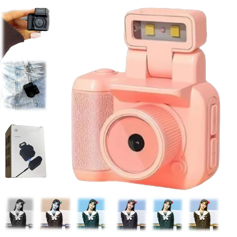 Retro Mini Camera,1080 p HD Tiny Camera Keychain with LED Flash, Upgrade Charging Base (Pink,32 G)