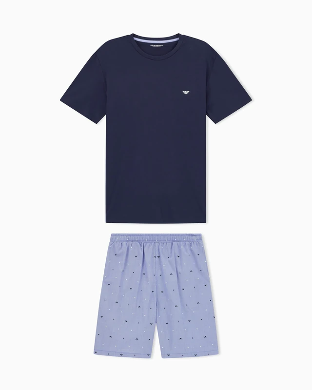 Emporio Armani MAN'S LOGO PATTERN WOVEN SHORT PAJAMAS BLUE L