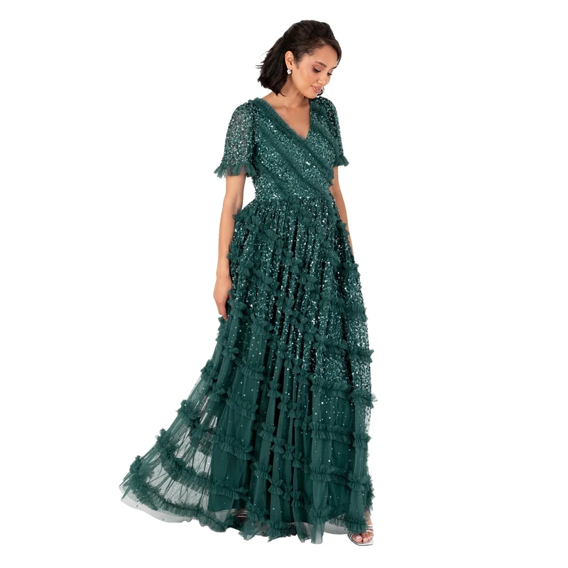 Maya Deluxe Women's Maxi Dress Ladies V-Neck Short Sleeve Sequin Embellished Ruffle Tulle A-line Bridesmaid Evening Prom Ball Gown, Emerald Green 24